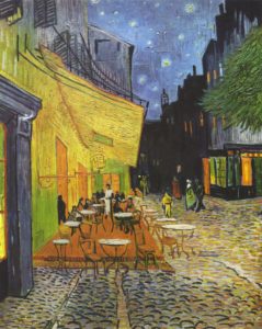 A plein air nocturne called “Cafe Terrace at Night” by Vincent Van Gogh