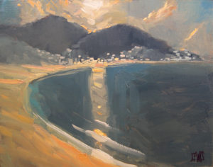 This is an image of a plein air sketch in oil called "Afternoon Sun over Monterey".